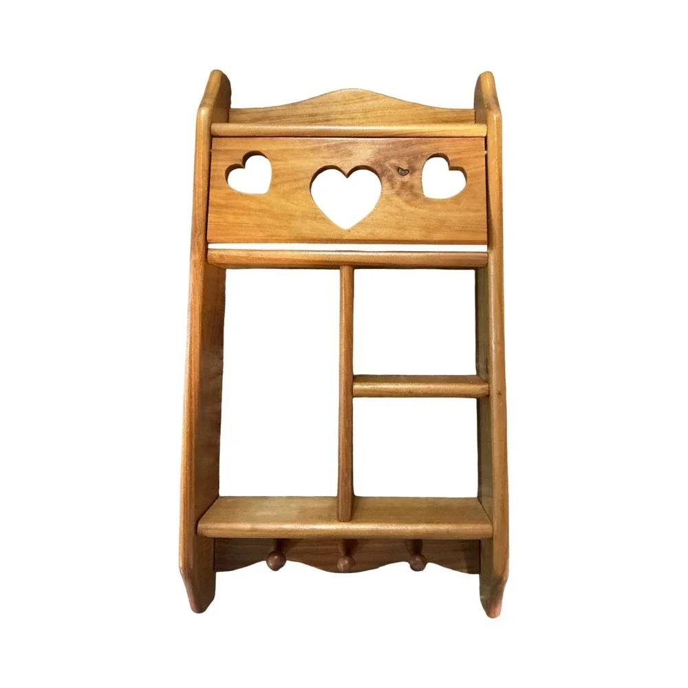 Vintage Wood Heart Cutout Wall Shelf 3 Pegs Country Cottagecore Organizer 17.5in
